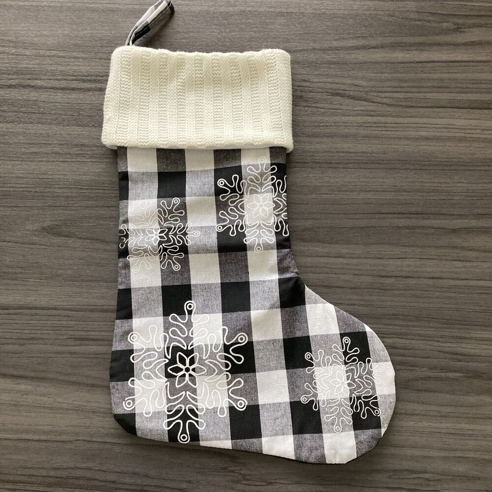 Christmas Stockings Black White Buffalo Check Farmhouse Cable knit Cuff no tags